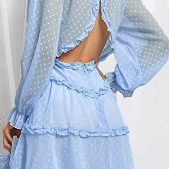 Women’s Size Small Deep V Neck Ruffle Long Sleeve Mini Dress Zip Back Blue - Picture 4 of 6